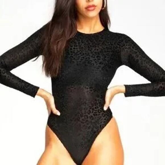 Good American Tops - Good American The Wilder One Semi Sheer Leopard Print Long Sleeve Bodysuit Black